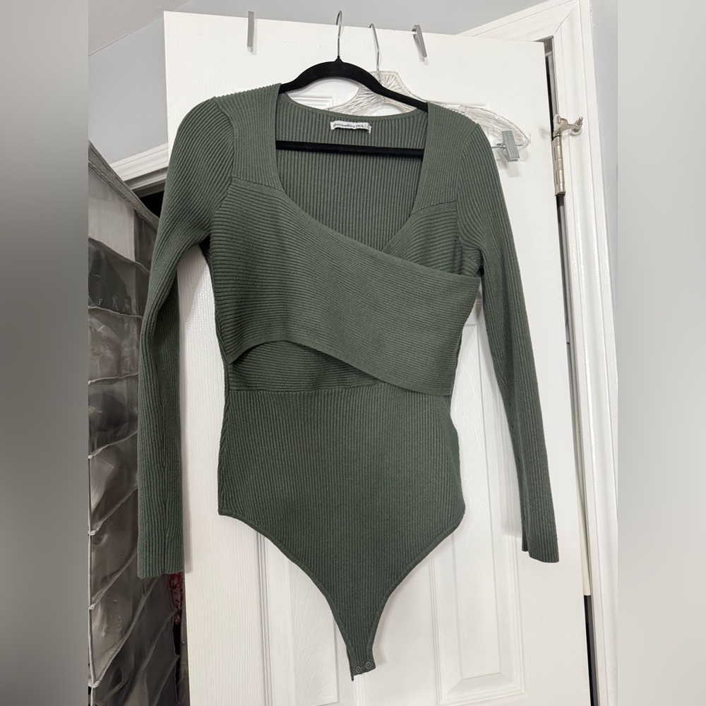 Abercrombie & Fitch Olive Green Wrap Ribbed Long-Sleeve Bodysuit